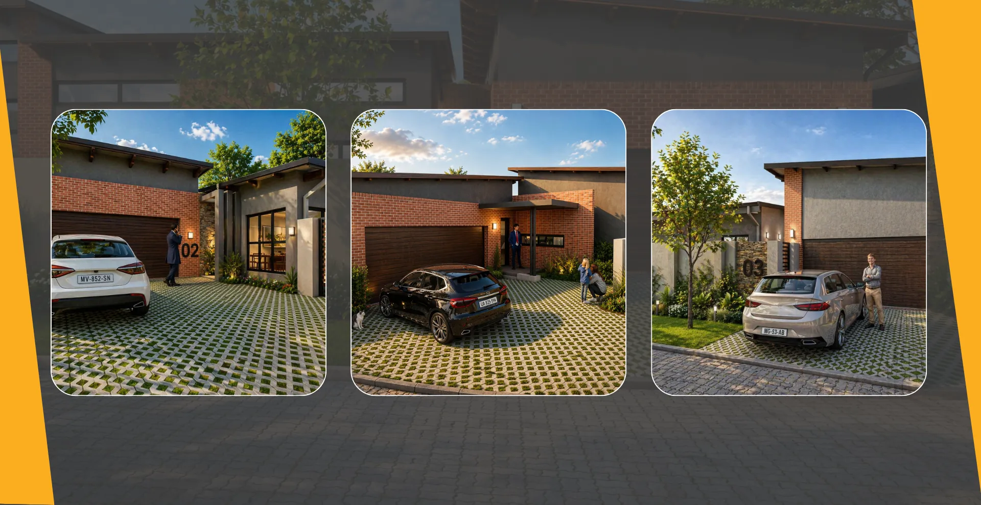 Three renders of modern brick homes with paved driveways and parked cars